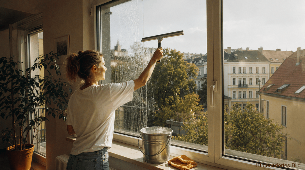 Person putzt ein Fenster mit einem Fensterabzieher