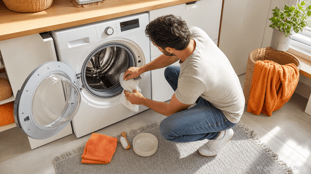 Ein Mann hockt vor einer geöffneten Waschmaschine und wischt die Gummidichtung der Waschtrommel mit einem weißen Tuch sauber. Auf einem grauen Teppich vor der Maschine liegen weitere Reinigungsutensilien, darunter ein orangefarbenes Tuch, eine kleine Bürste und eine Schale