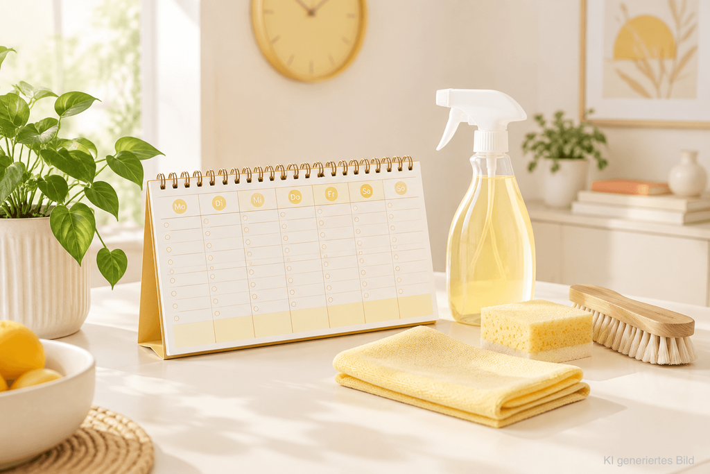 Kalender und Putzmittel auf einem Tisch, um zu planen, wie oft eine Putzfrau kommen sollte